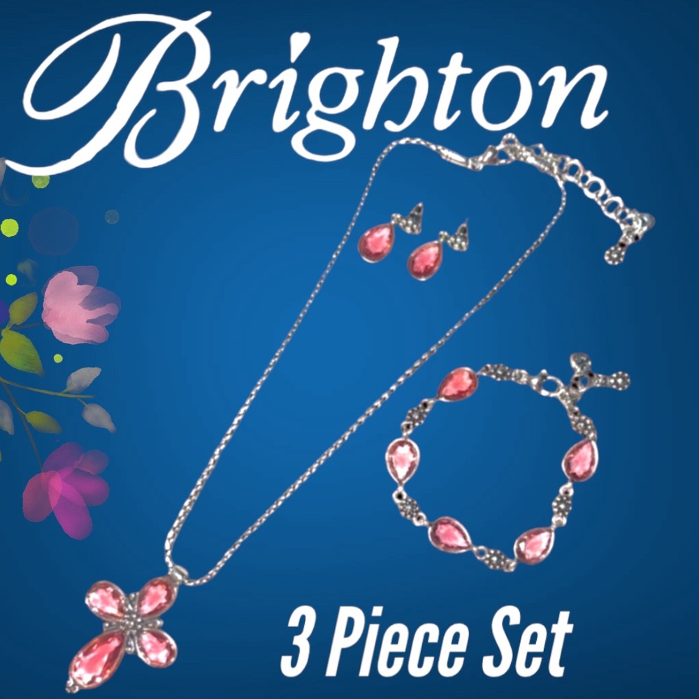 BRIGHTON 3 PIECE SET -LaVie Iridescent Pink Crystal Cross w/ Earrings & Bracelet